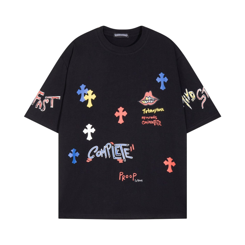 CHH Chrome Heart T Shirts Cross Print Sanskrit Hand Painted Graffiti Short Sleeve T-Shirt