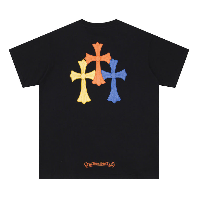 CHH Chrome Heart T Shirts Cross Leather Print Short Sleeve T-Shirt Loose